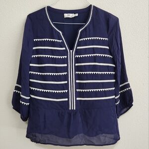Women Vineyard Vines Navy Stripe V-Neck 3/4 Sleeve Silk Tunic Blouse Top Size 8